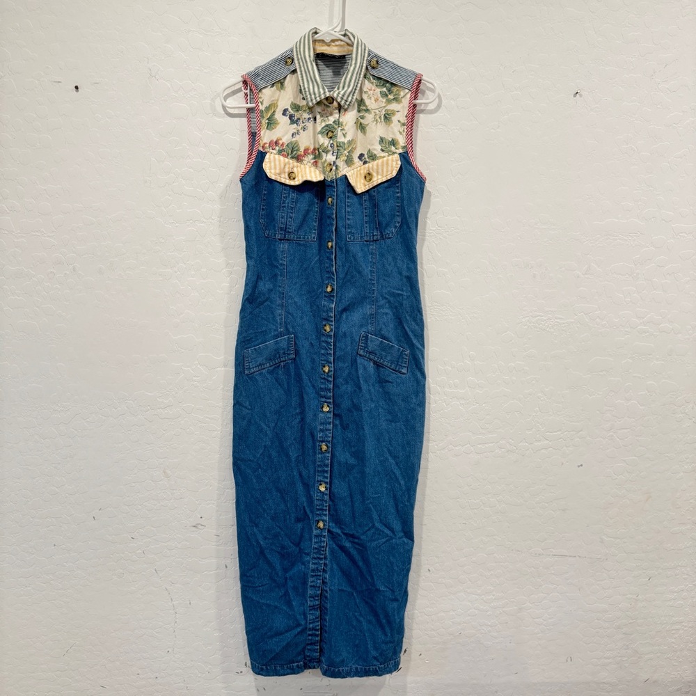 Vintage PG Collections Denim Dress Women 10 Patchwork Floral Striped Cottagecore